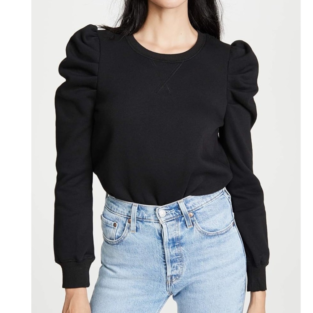 Rebecca Minkoff Women's Janine Sweatshirt, Black Puff Sleeve Blouse, Size L
